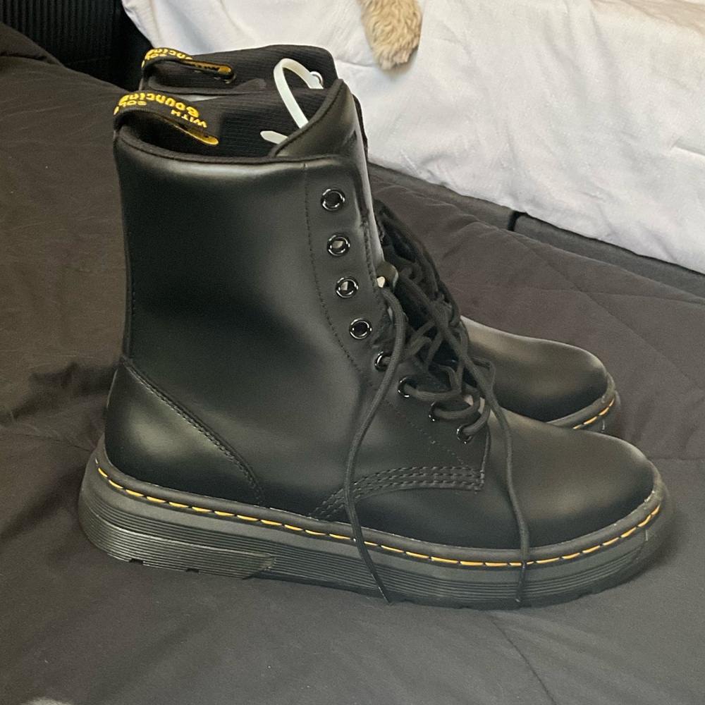 Dr. Martens Black Leather Boots with Yellow Accents